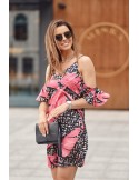 Strap dress with sleeves with pink leaves, black PR3215 - Online store - Boutique